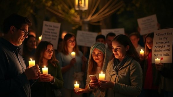 Candlelight vigil for Nurse Alex Pretti with signs and candles.