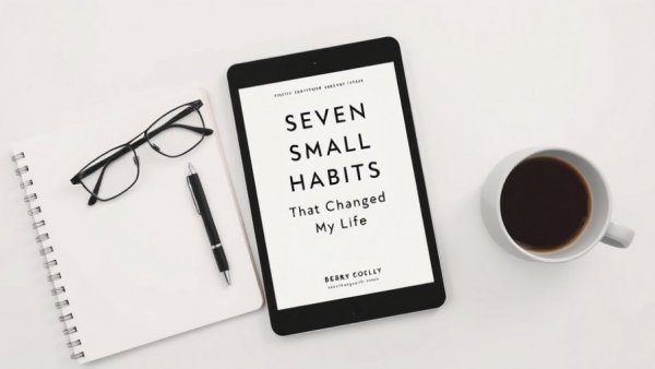 Minimalist book cover 'Seven Small Easy Habits' displayed on a tablet.