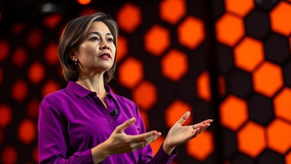 Presenter discussing AI data centers environmental impact on a vibrant stage