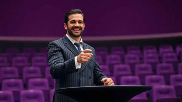 Man presenting confidently in a purple-lit setting.