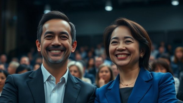 Man and woman smiling warmly in a dimly lit auditorium.