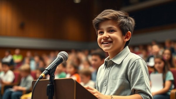 Confident young spelling bee champion smiling at a microphone in San Diego.