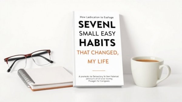 Ebook cover 'Seven Small Easy Habits', glasses, coffee.