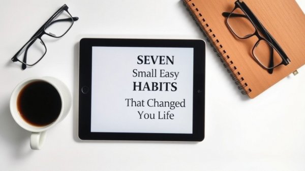 Ebook cover on tablet with coffee and glasses promoting easy habits.
