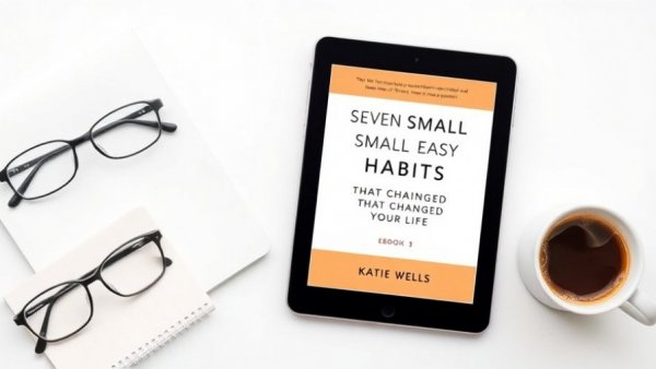 Ebook cover on tablet with coffee, glasses, and notebook.