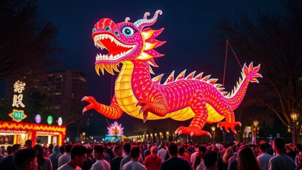 Illuminated dragon puppet at night festival in San Diego.