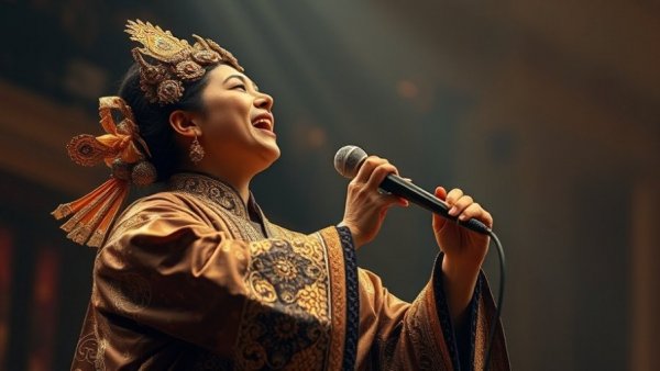 Artistic performer in traditional costume singing passionately, conveying Snow Raven nature sounds.