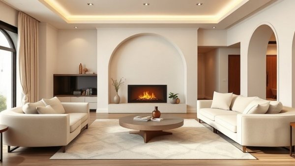 Elegant living room with cream furniture and fireplace, emphasizing San Diego home goods style.