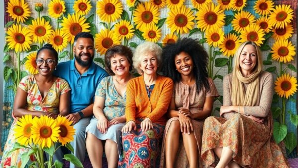Colorful quilt depicting a diverse group in a sunflower field, cutting arts and culture funding.