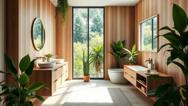 Modern San Diego bathroom with natural wood design and indoor plants, reflecting 2026 home trends.