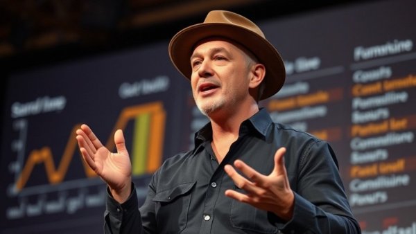 Confident speaker discussing true net worth of billionaires on stage.