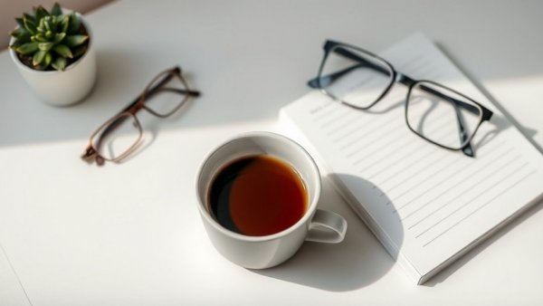 Minimalistic e-book cover with coffee and glasses.