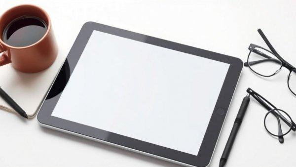 Stylish tablet with digital cover featuring coffee and accessories.