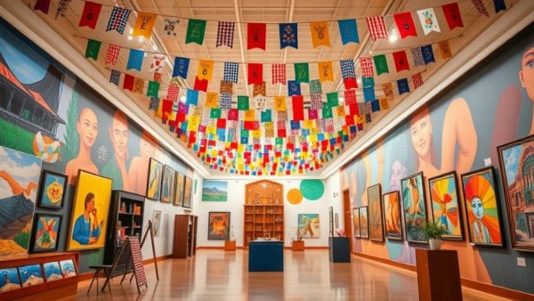San Diego arts gallery with colorful murals and flags, highlighting arts funding future.