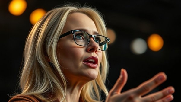 Creative process fulfillment depicted by a woman engaging in a passionate speech on stage.