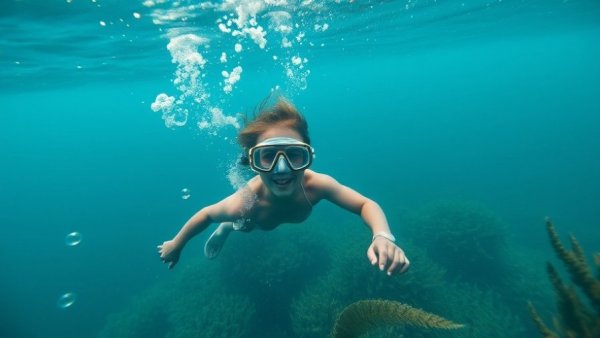 Snorkeler exploring kelp forest, vibrant underwater scene.