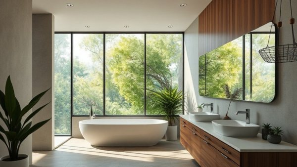 Modern bathroom with serene natural lighting and greenery view.