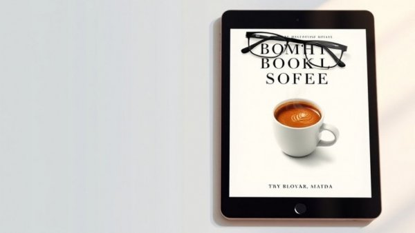 Minimalistic eBook cover with glasses and coffee on tablet.