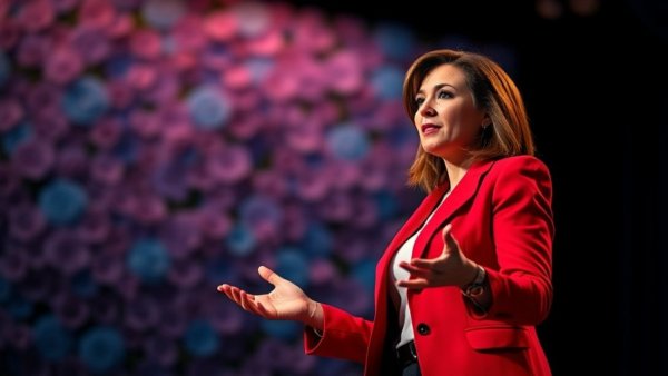 Confident woman speaking on stage with a vibrant floral backdrop, illustrating how moms shape the world.