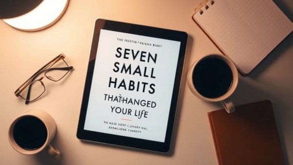 Tablet with book cover on habits, coffee, and glasses set.