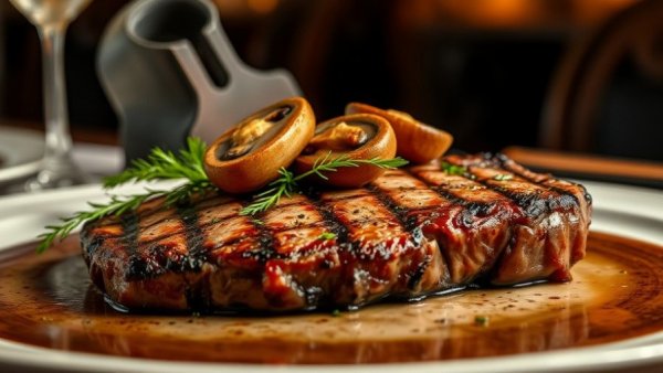 Grilled ribeye steak with garnish at Amor y Magia Carlsbad.
