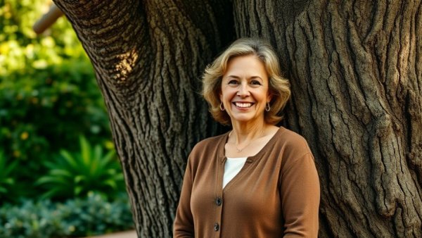 Woman in San Diego garden, leaning on tree, best concierge ambiance