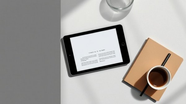 Tablet with a book cover and coffee cup in a modern arrangement.