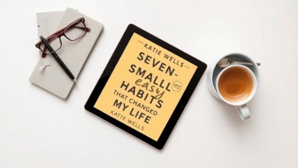 Tablet showing Katie Wells book 'Seven Small Easy Habits That Changed My Life' with stylish accessories.