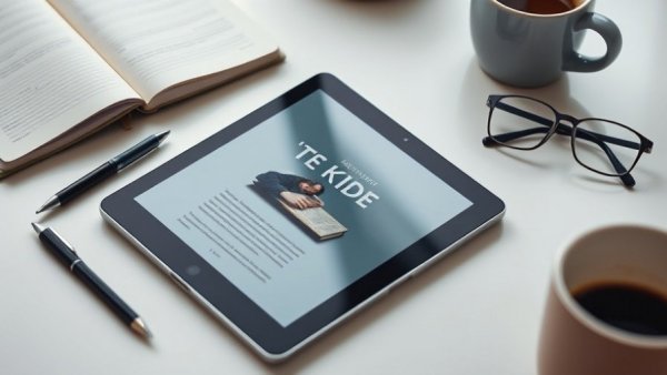 Ebook on easy habits with coffee and stationery on tablet.