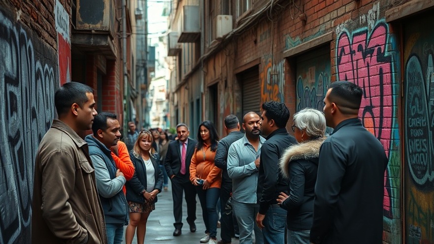 Diverse individuals engage in a gritty alley, highlighting criminal justice reform and community safety.