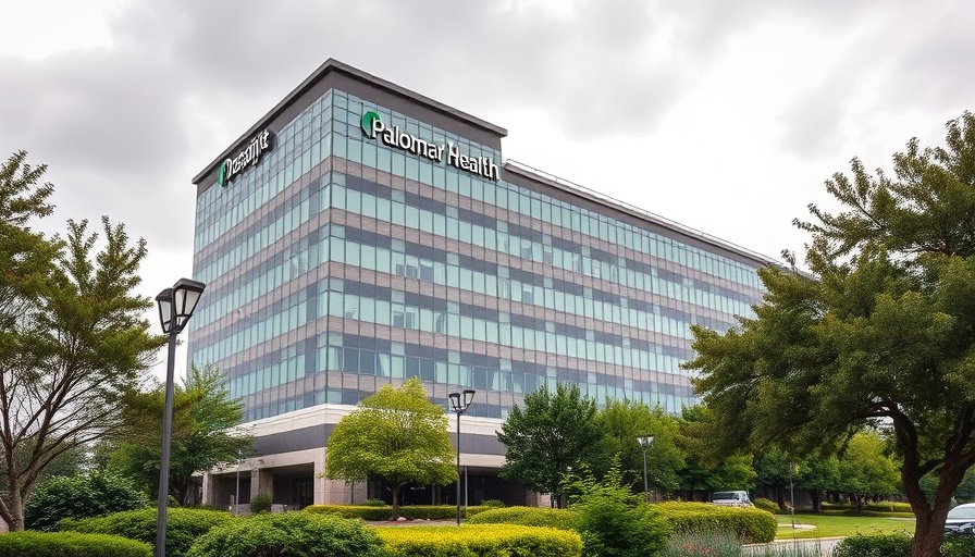 Palomar Health building surrounded by greenery under overcast sky.