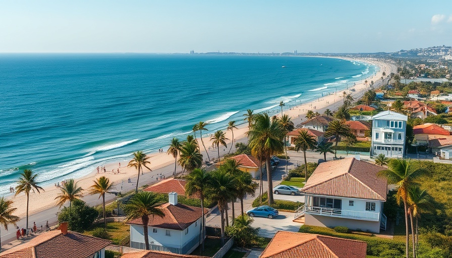 Encinitas housing and beach scene at golden hour.