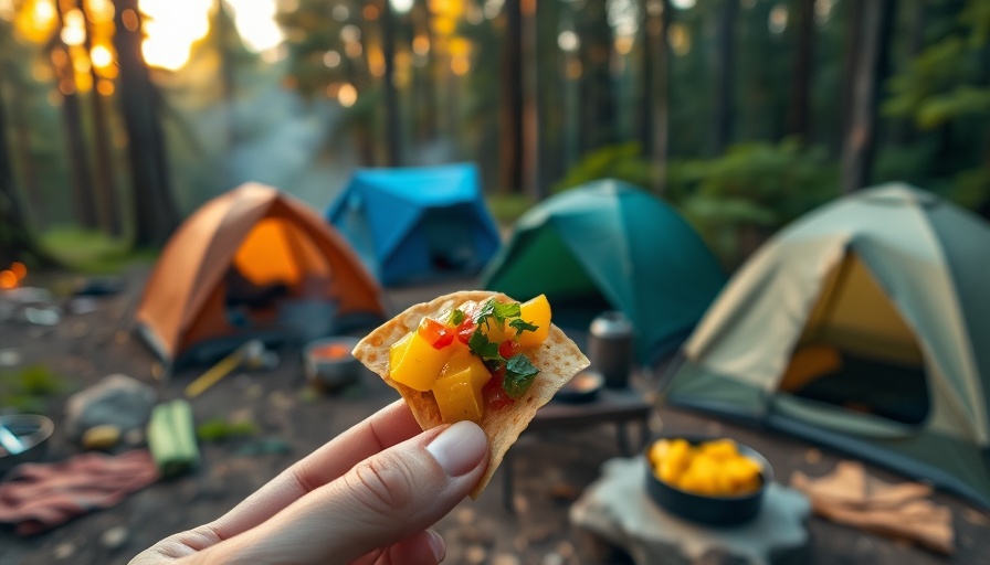 Hand holding tortilla chip with mango salsa, outdoor cheap camp meal.