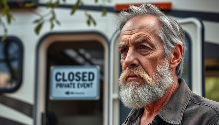 Older man in leather vest stands outside RV in Mission Bay area.