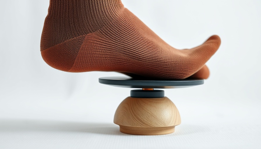 Foot with brown sock using Sidekick Axisboard for ankle pain relief.