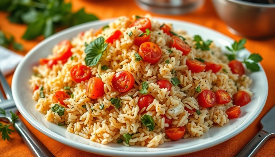 Colorful Italian rice salad recipe with vegetables on an orange tablecloth.