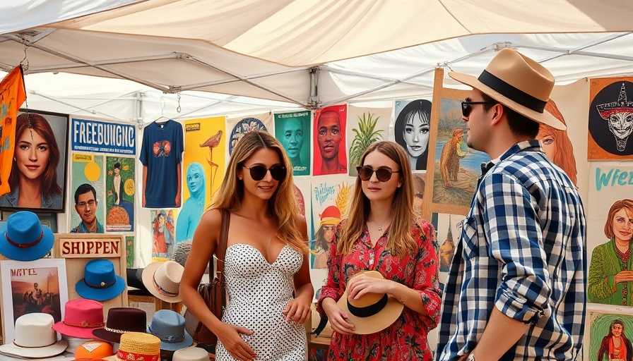 Casual booth scene at Del Mar Wine + Food Festival with hats and artwork.