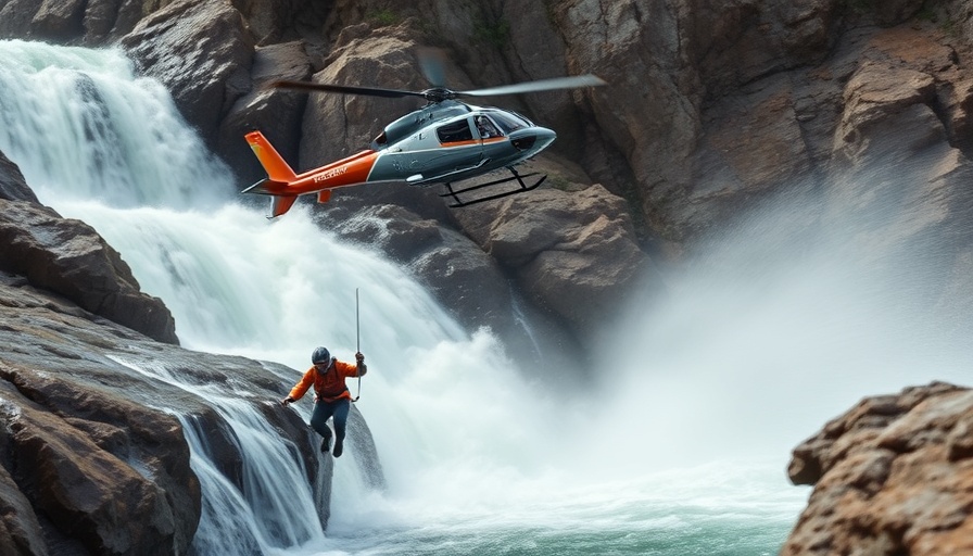 Helicopter rescue operation at waterfall, safety tips in rocky terrain.