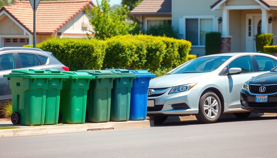San Diego trash service signup scene: suburban street with bins.