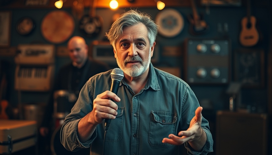 Man presenting with vintage microphone in nostalgic music setting.