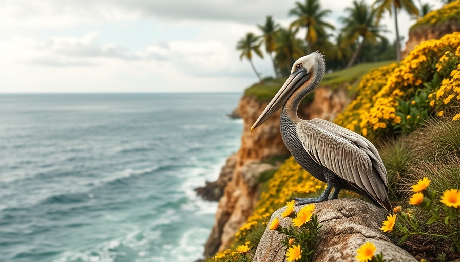 Brown pelican release on coastal cliff with ocean view.