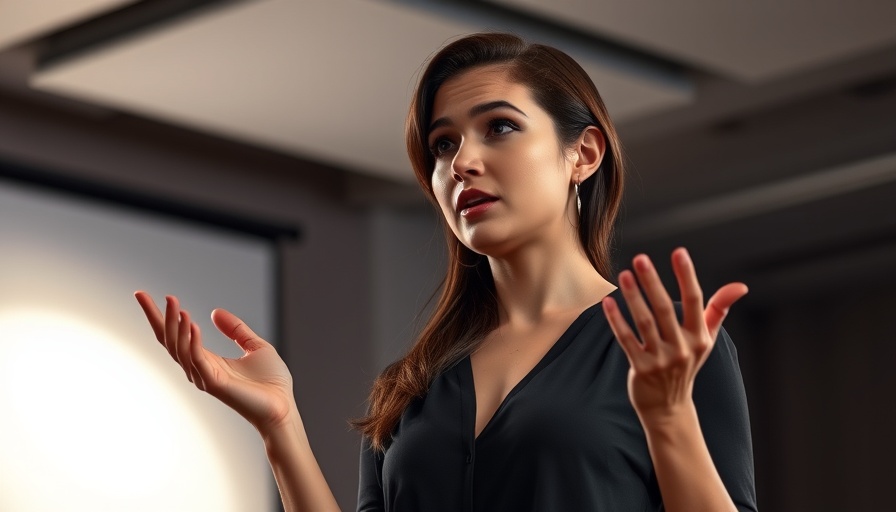 Confident speaker gesturing on professional stage, relationship expectations holding you back.