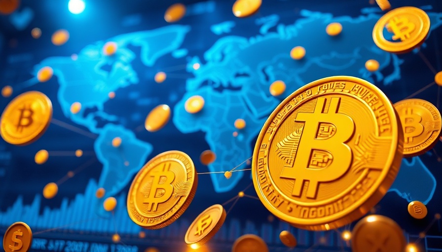 Cryptocurrency scene with Bitcoin symbols and global backdrop.