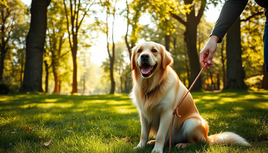 Person cleaning pet waste in a park with a happy retriever.