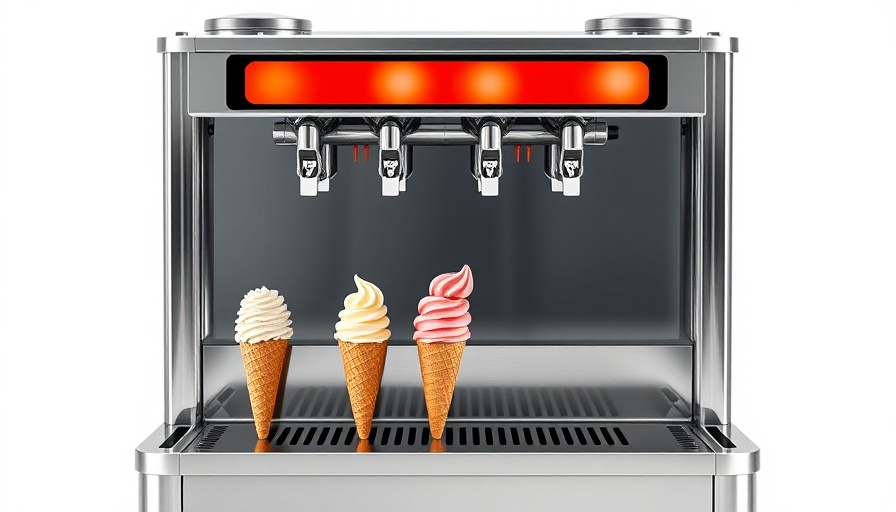 Commercial soft serve ice cream machine with cones and parts.