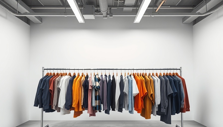 Commercial clothing racks displaying colorful garments in a neat arrangement.