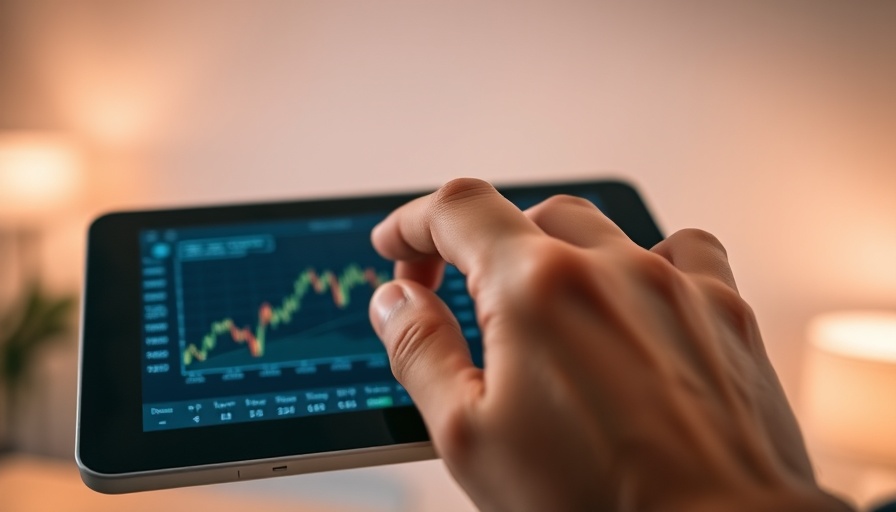 Close-up of hand on tablet with financial graph indicating all time highs.