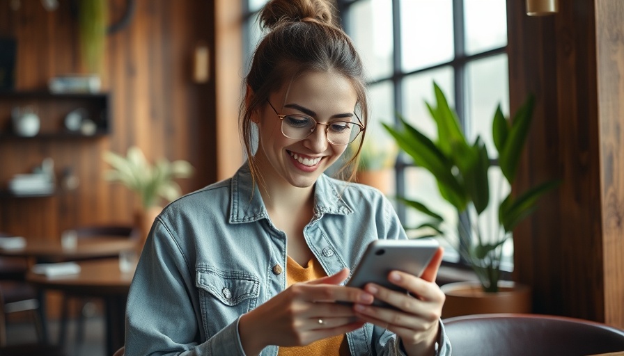 Woman reviewing EveryDollar app on smartphone in cafe.