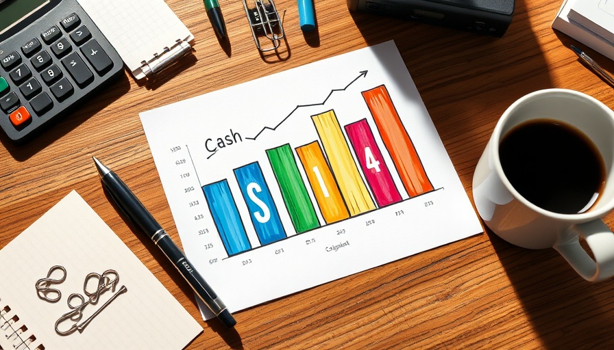 Colorful cash flow graph on desk with office items.