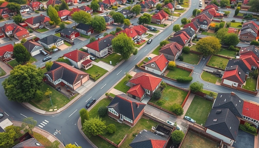 Aerial view showcasing zoning in suburban neighborhood.